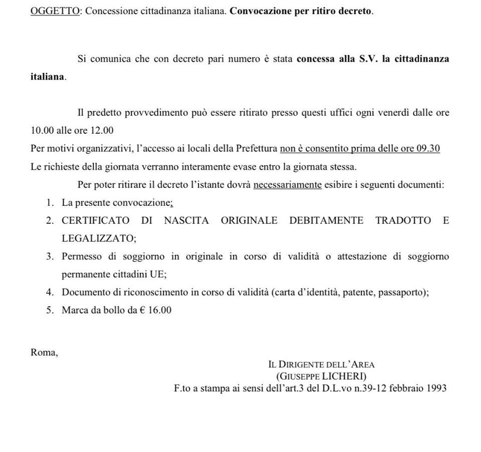 Quali documenti devo portare prefettura per ritirare la notifica del decreto Cittadinanza italiana